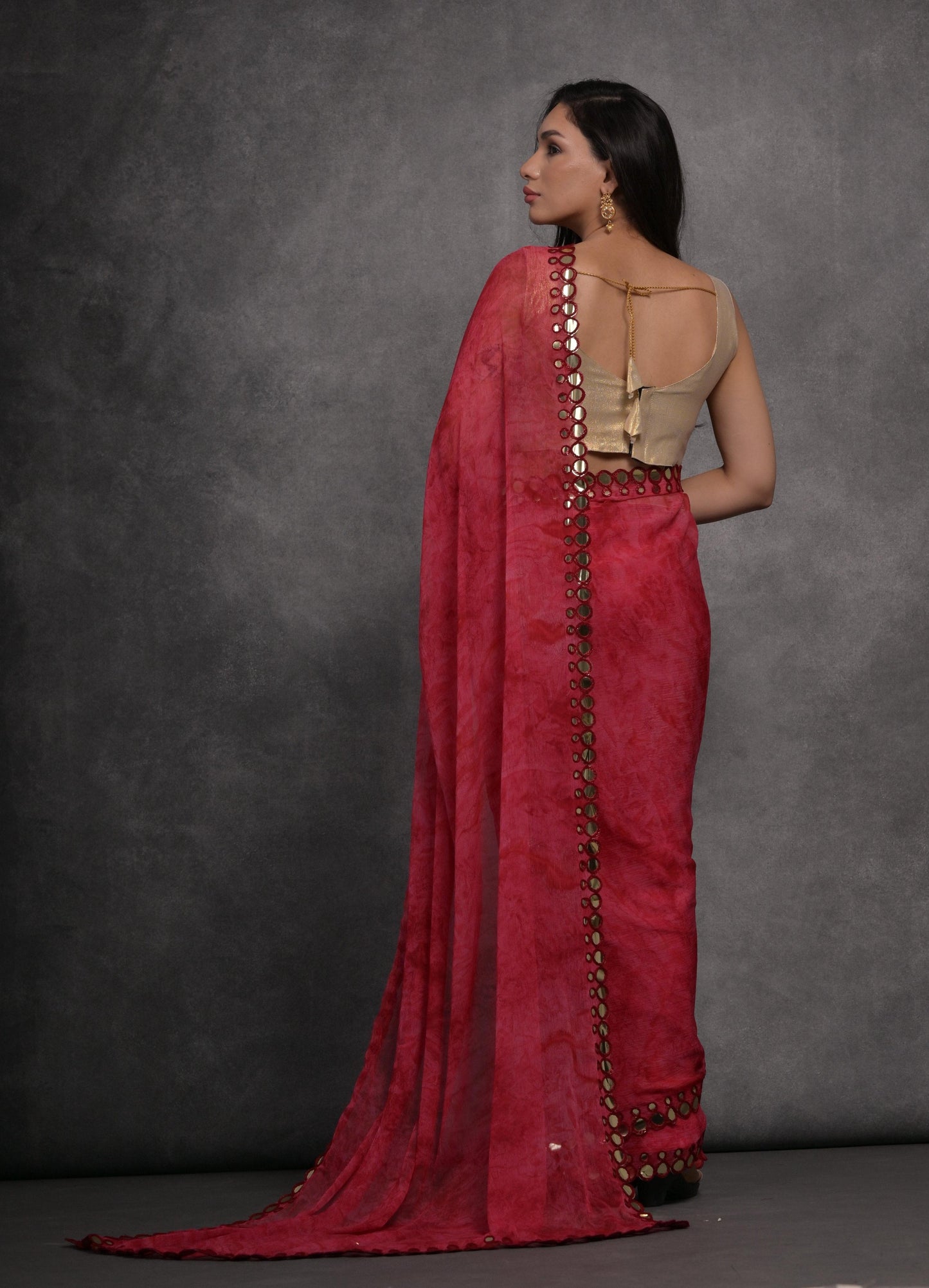 Jyoti Fashion Women's Pink Chiffon Print with Mirror Work Designer Saree with Blouse