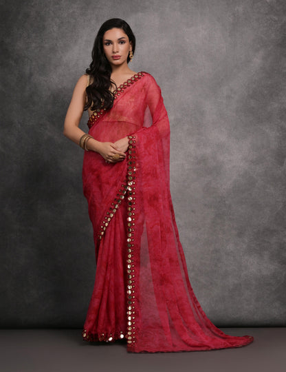 Jyoti Fashion Women's Pink Chiffon Print with Mirror Work Designer Saree with Blouse
