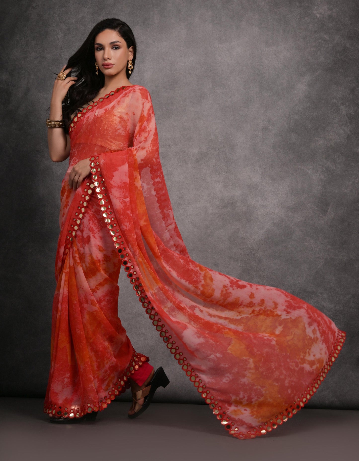 Jyoti Fashion Women's Red Chiffon Print with Mirror Work Designer Saree with Blouse