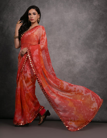 Jyoti Fashion Women's Red Chiffon Print with Mirror Work Designer Saree with Blouse