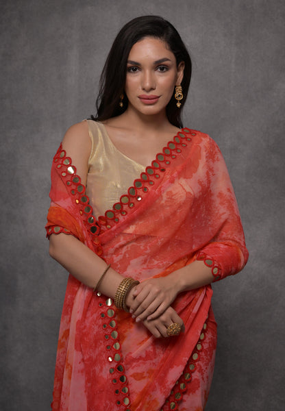 Jyoti Fashion Women's Red Chiffon Print with Mirror Work Designer Saree with Blouse
