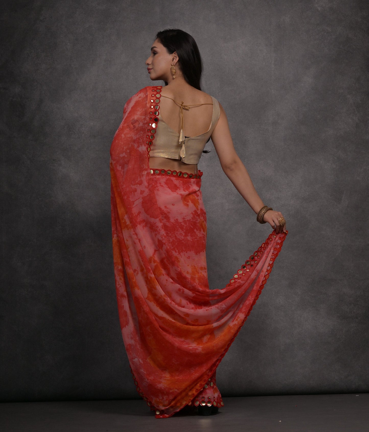 Jyoti Fashion Women's Red Chiffon Print with Mirror Work Designer Saree with Blouse