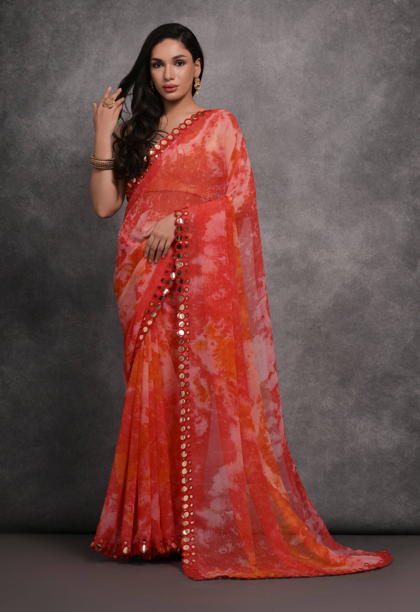 Jyoti Fashion Women's Red Chiffon Print with Mirror Work Designer Saree with Blouse