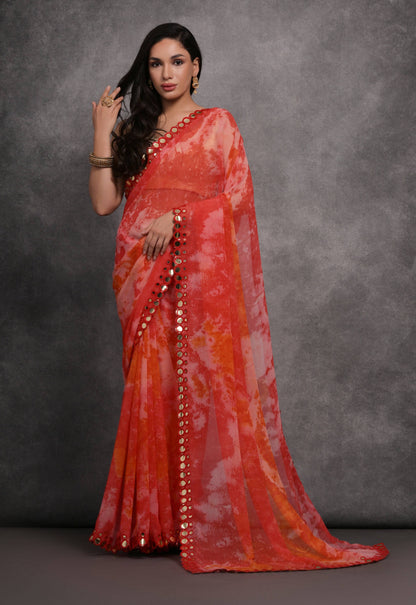 Jyoti Fashion Women's Red Chiffon Print with Mirror Work Designer Saree with Blouse