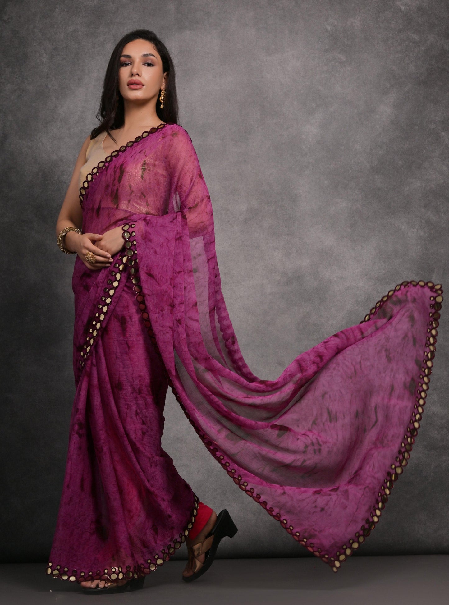 Jyoti Fashion Women's Wine Chiffon Print with Mirror Work Designer Saree with Blouse