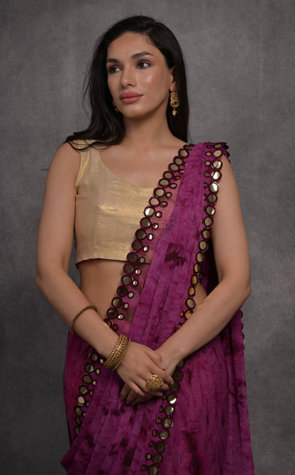 Jyoti Fashion Women's Wine Chiffon Print with Mirror Work Designer Saree with Blouse