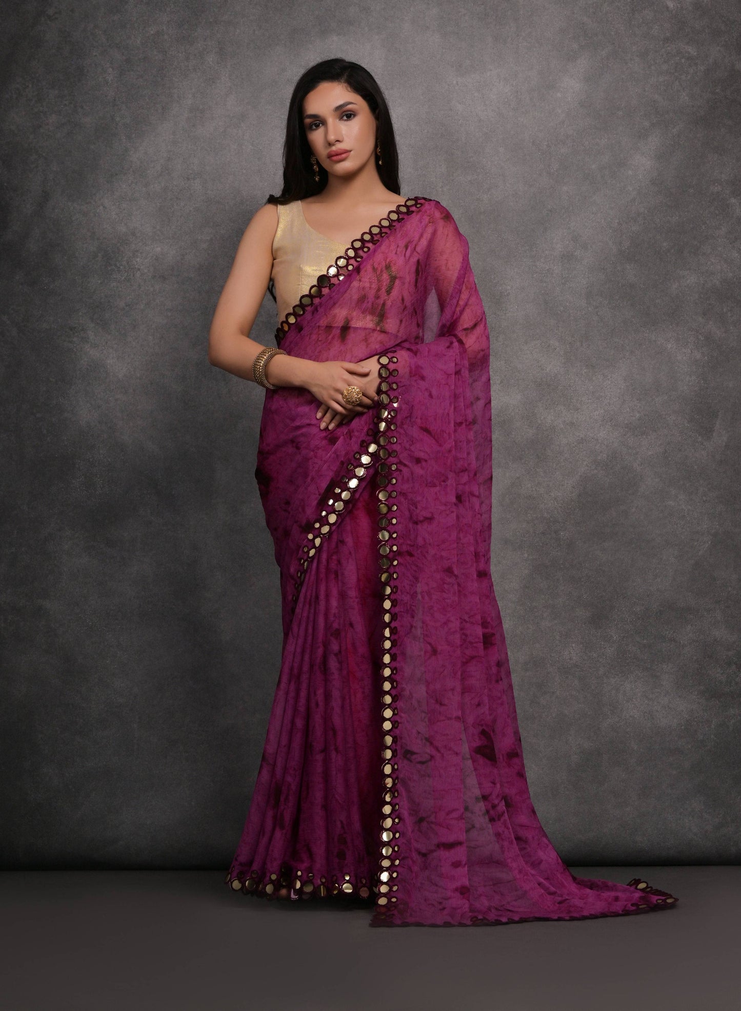Jyoti Fashion Women's Wine Chiffon Print with Mirror Work Designer Saree with Blouse