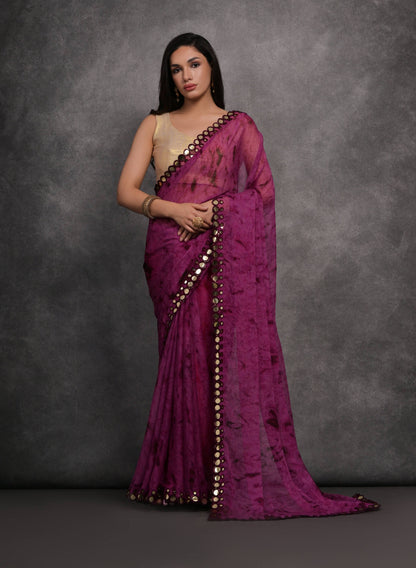 Jyoti Fashion Women's Wine Chiffon Print with Mirror Work Designer Saree with Blouse