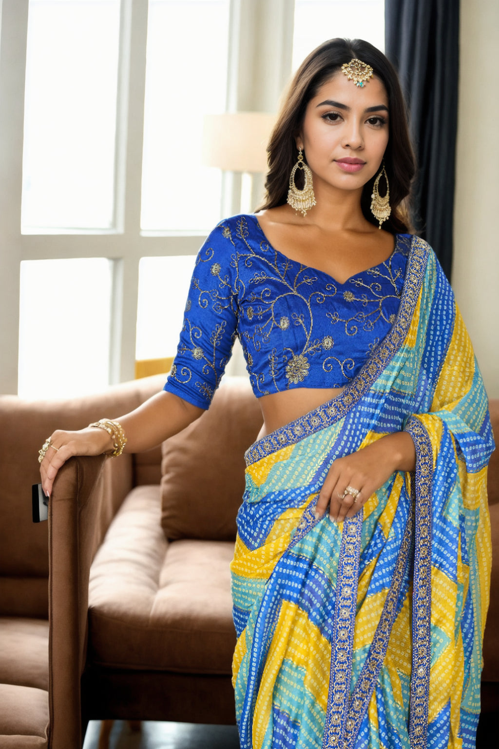 Jyoti Fashion Women's Multicolor Chinon Bandhani Print with Embroidered Saree with Blouse