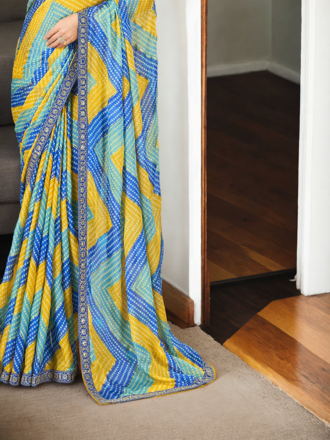 Jyoti Fashion Women's Multicolor Chinon Bandhani Print with Embroidered Saree with Blouse