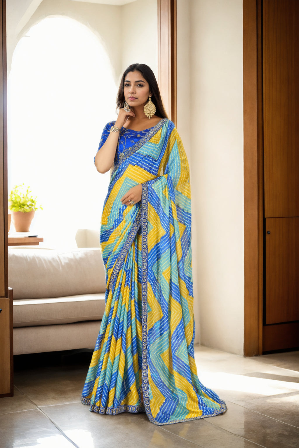 Jyoti Fashion Women's Multicolor Chinon Bandhani Print with Embroidered Saree with Blouse