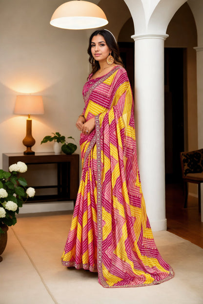Jyoti Fashion Women's Multicolor Chinon Bandhani Print with Embroidered Saree with Blouse