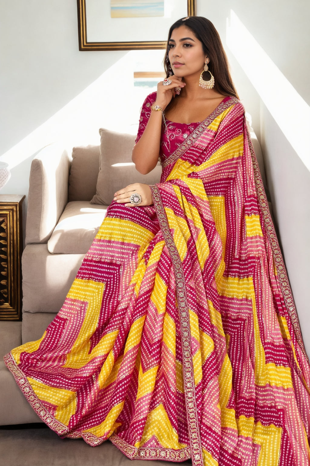 Jyoti Fashion Women's Multicolor Chinon Bandhani Print with Embroidered Saree with Blouse