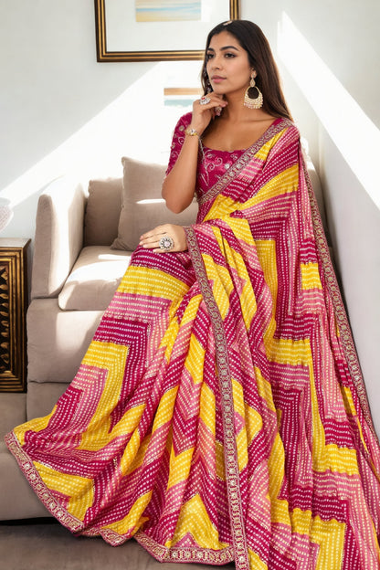 Jyoti Fashion Women's Multicolor Chinon Bandhani Print with Embroidered Saree with Blouse
