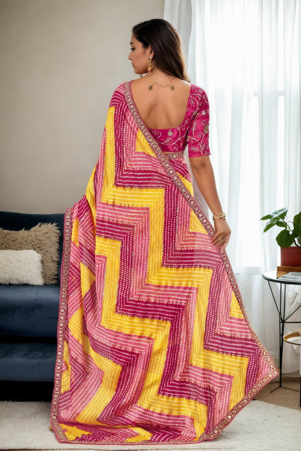 Jyoti Fashion Women's Multicolor Chinon Bandhani Print with Embroidered Saree with Blouse