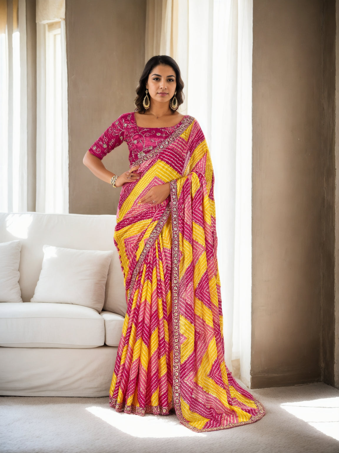 Jyoti Fashion Women's Multicolor Chinon Bandhani Print with Embroidered Saree with Blouse