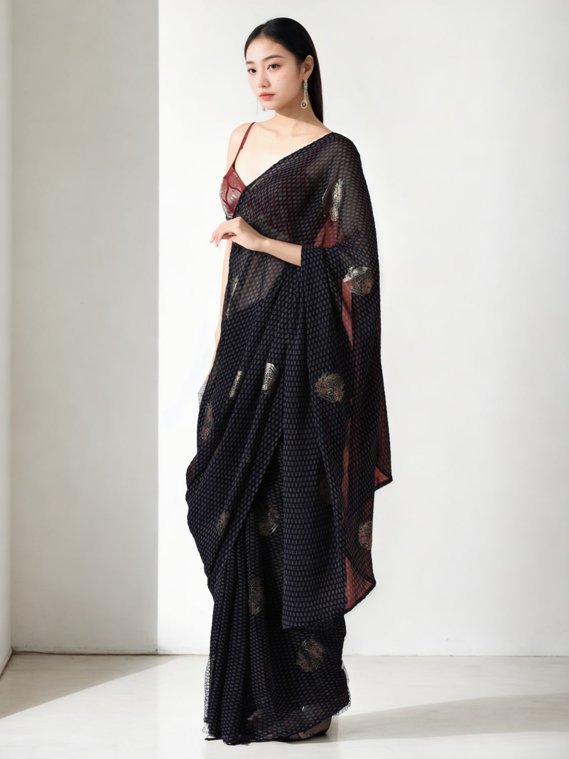 Jyoti Fashion Women's Black Marble Chiffon Printed Ready To Wear Saree with Blouse