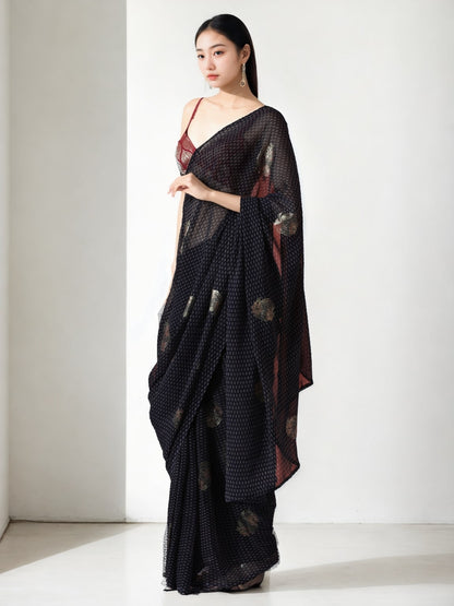 Jyoti Fashion Women's Black Marble Chiffon Printed Ready To Wear Saree with Blouse
