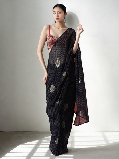 Jyoti Fashion Women's Black Marble Chiffon Printed Ready To Wear Saree with Blouse