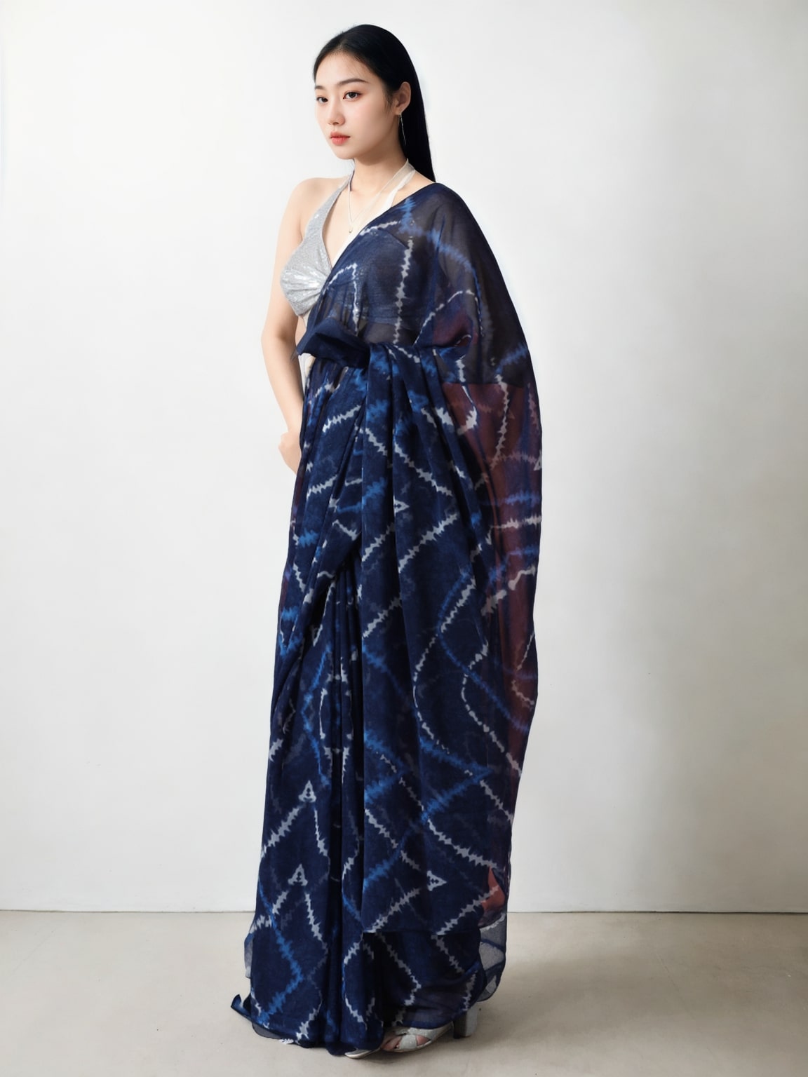 Jyoti Fashion Women's Dark Blue Marble Chiffon Printed Ready To Wear Saree with Blouse