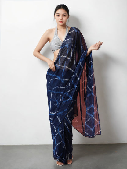 Jyoti Fashion Women's Dark Blue Marble Chiffon Printed Ready To Wear Saree with Blouse