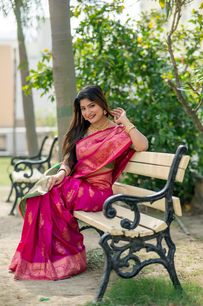 Jyoti Fashion Women's Pink Soft Banarasi Silk Zari Woven Saree with Blouse