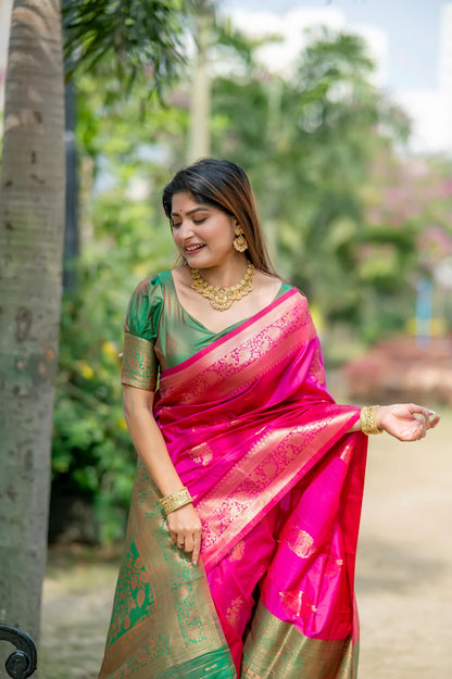 Jyoti Fashion Women's Pink Soft Banarasi Silk Zari Woven Saree with Blouse