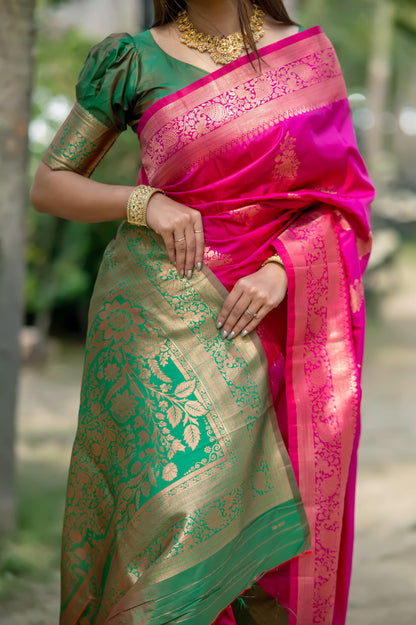 Jyoti Fashion Women's Pink Soft Banarasi Silk Zari Woven Saree with Blouse