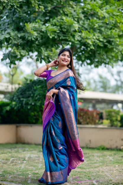 Jyoti Fashion Women's Blue Soft Banarasi Silk Zari Woven Saree with Blouse