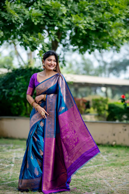 Jyoti Fashion Women's Blue Soft Banarasi Silk Zari Woven Saree with Blouse