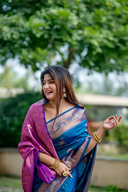 Jyoti Fashion Women's Blue Soft Banarasi Silk Zari Woven Saree with Blouse