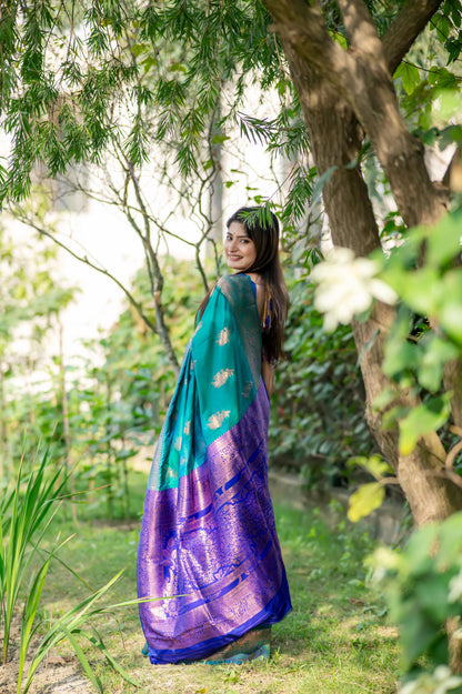 Jyoti Fashion Women's Turquoise Soft Banarasi Silk Zari Woven Saree with Blouse