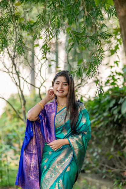 Jyoti Fashion Women's Turquoise Soft Banarasi Silk Zari Woven Saree with Blouse