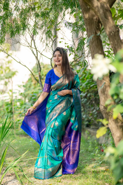 Jyoti Fashion Women's Turquoise Soft Banarasi Silk Zari Woven Saree with Blouse