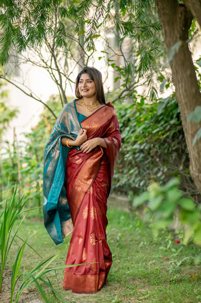Jyoti Fashion Women's Maroon Soft Banarasi Silk Zari Woven Saree with Blouse