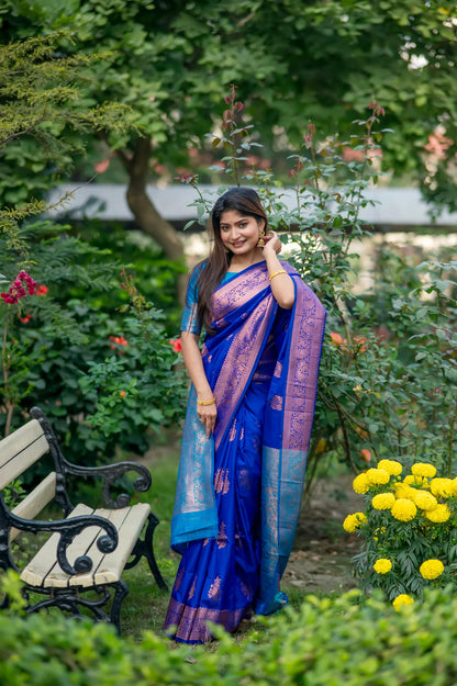 Jyoti Fashion Women's Royal Blue Soft Banarasi Silk Zari Woven Saree with Blouse