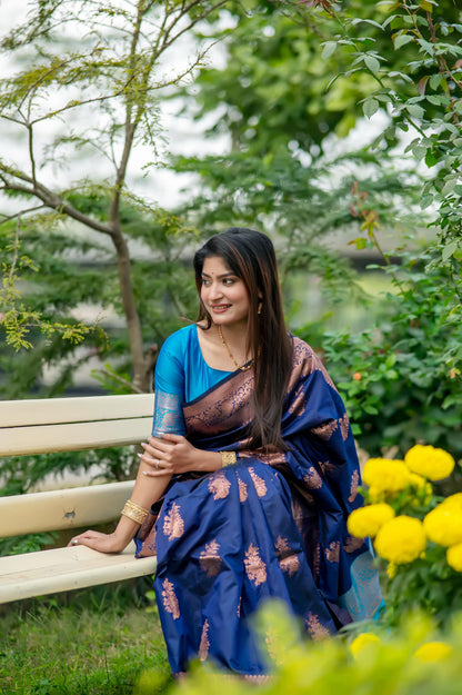 Jyoti Fashion Women's Navy Blue Soft Banarasi Silk Zari Woven Saree with Blouse