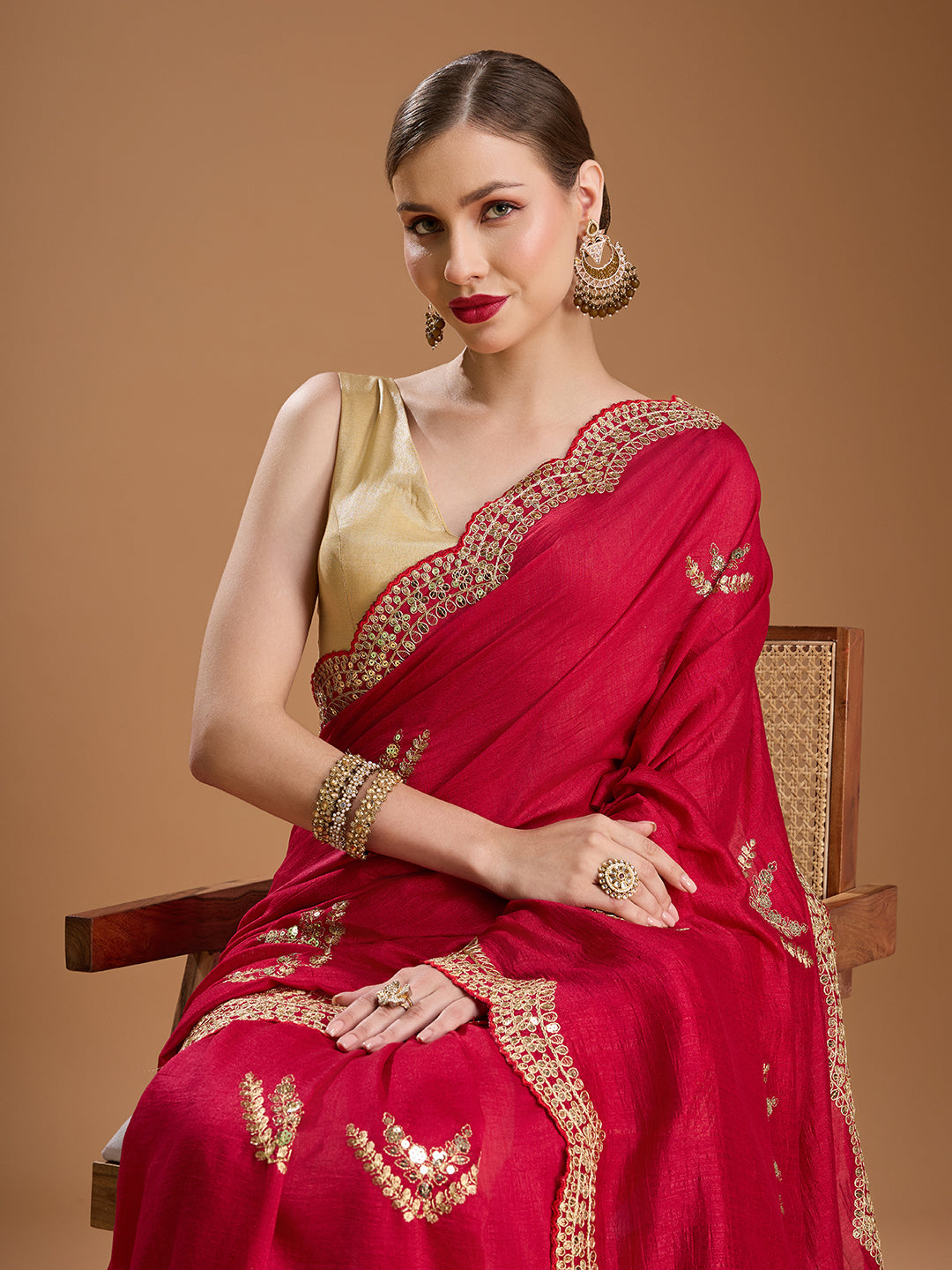 Jyoti Fashion Women's Maroon Chiffon Satin Sequins Embroidered Designer Saree with Blouse
