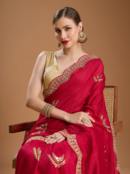 Jyoti Fashion Women's Maroon Chiffon Satin Sequins Embroidered Designer Saree with Blouse