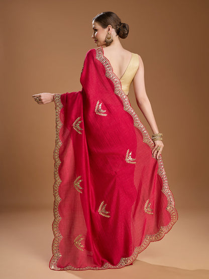 Jyoti Fashion Women's Maroon Chiffon Satin Sequins Embroidered Designer Saree with Blouse