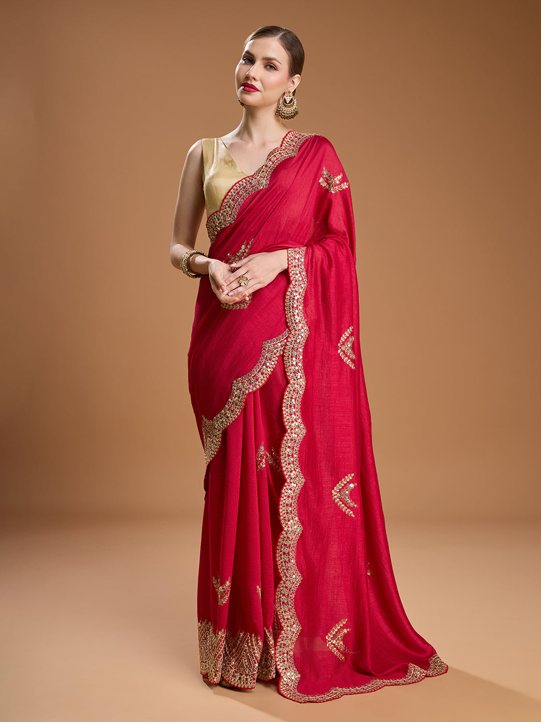 Jyoti Fashion Women's Maroon Chiffon Satin Sequins Embroidered Designer Saree with Blouse