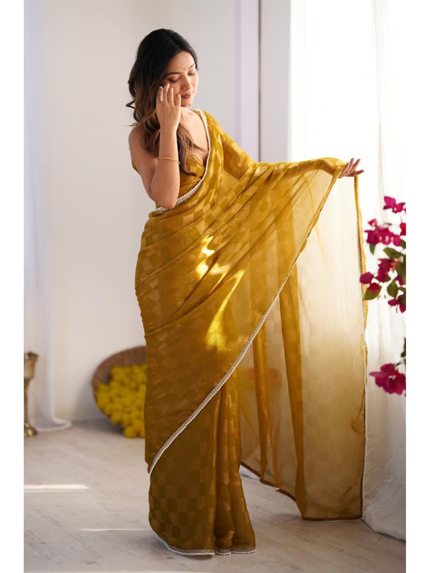 Jyoti Fashion Women's Mustard Box Chiffon Moti Lace Border Designer Saree with Blouse