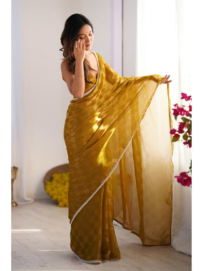 Jyoti Fashion Women's Mustard Box Chiffon Moti Lace Border Designer Saree with Blouse
