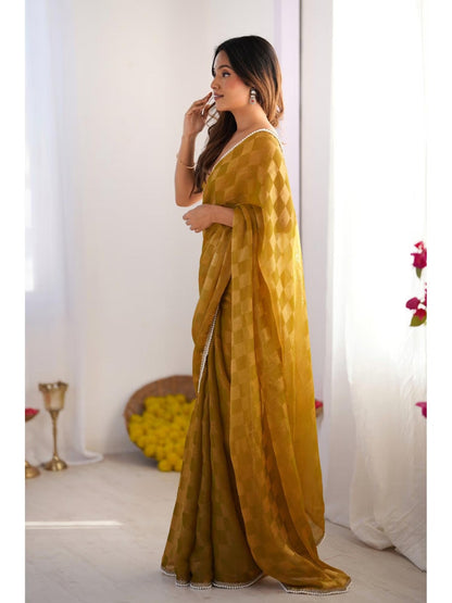 Jyoti Fashion Women's Mustard Box Chiffon Moti Lace Border Designer Saree with Blouse