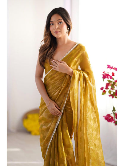 Jyoti Fashion Women's Mustard Box Chiffon Moti Lace Border Designer Saree with Blouse