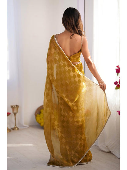 Jyoti Fashion Women's Mustard Box Chiffon Moti Lace Border Designer Saree with Blouse