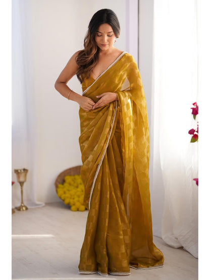 Jyoti Fashion Women's Mustard Box Chiffon Moti Lace Border Designer Saree with Blouse