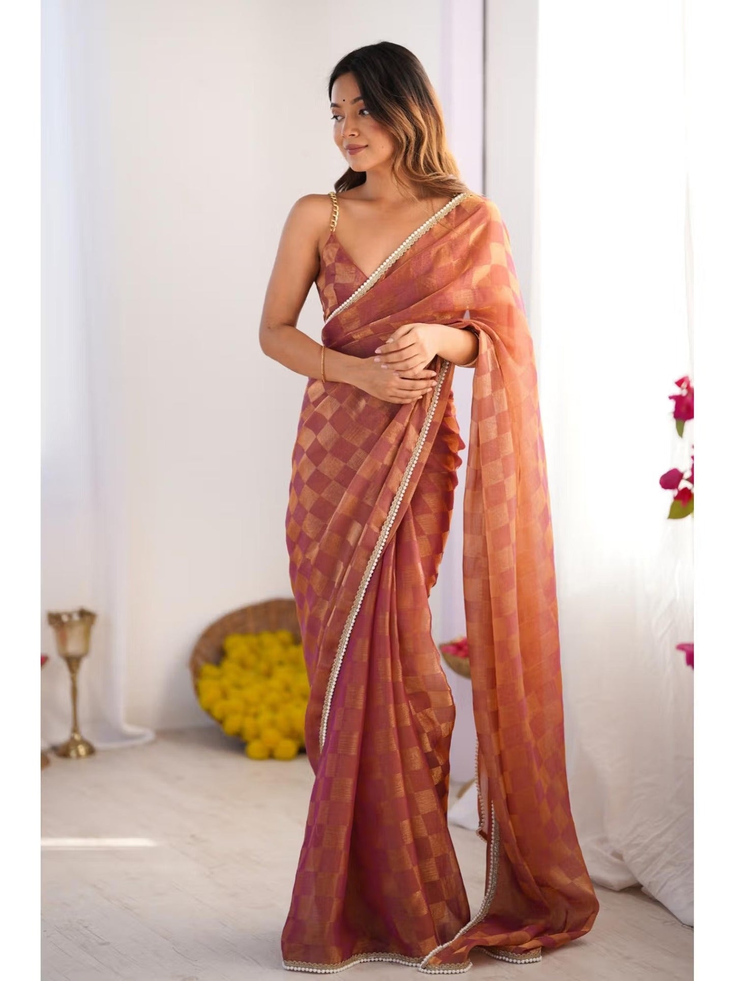 Jyoti Fashion Women's Brown Box Chiffon Moti Lace Border Designer Saree with Blouse