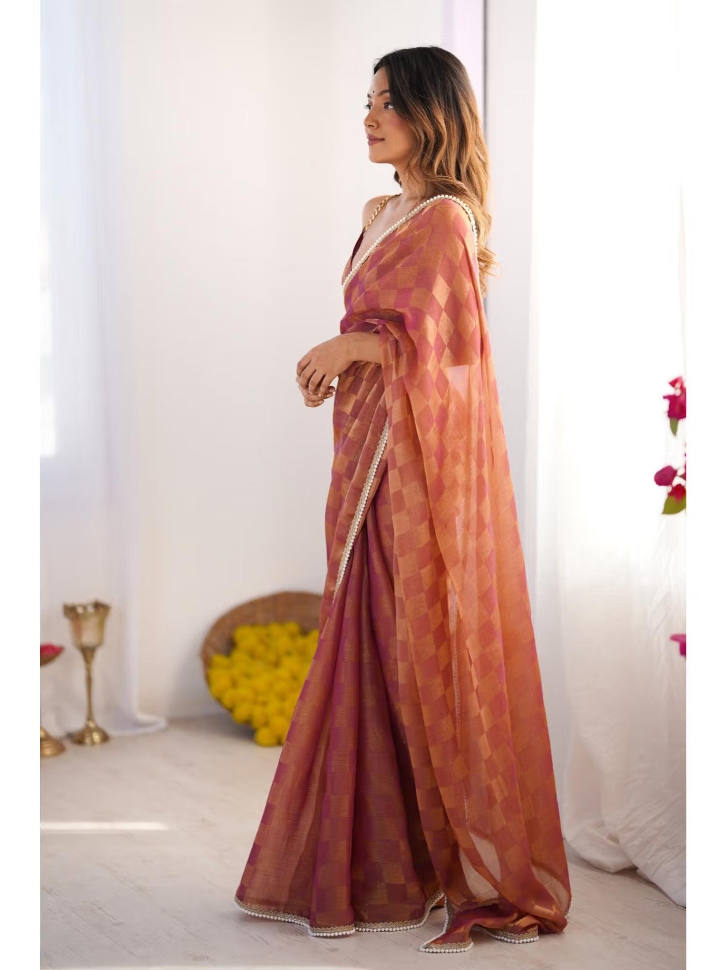 Jyoti Fashion Women's Brown Box Chiffon Moti Lace Border Designer Saree with Blouse