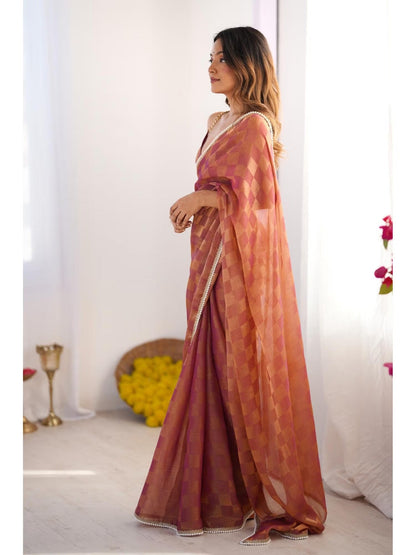 Jyoti Fashion Women's Brown Box Chiffon Moti Lace Border Designer Saree with Blouse